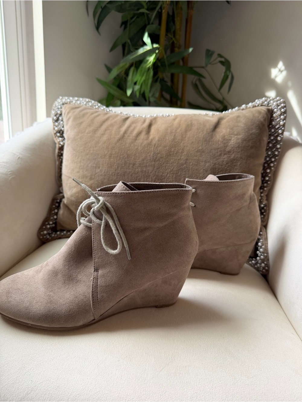 new directions Taupe Suede Lace-Up Wedge Ankle Booties